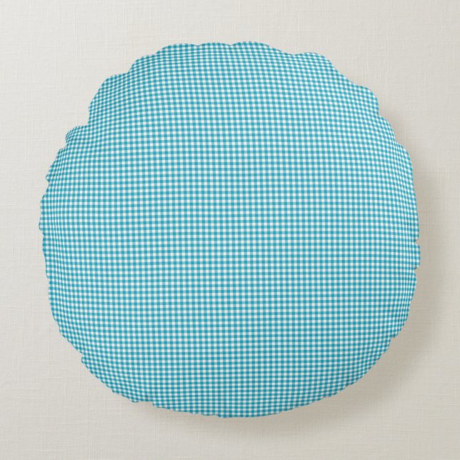 Two images of a round pillow with a blue checkered rundes kissen (Vorderseite)