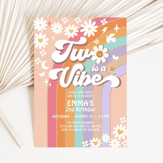 Two ist ein Vibe 2. Groovy Rainbow Birthday Einladung