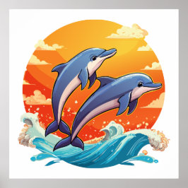 Two jumping cartoon dolphin poster