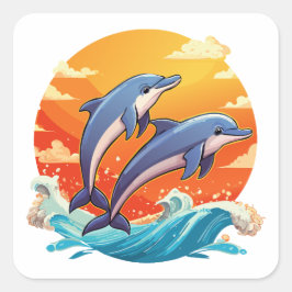 Two jumping cartoon dolphin quadratischer aufkleber