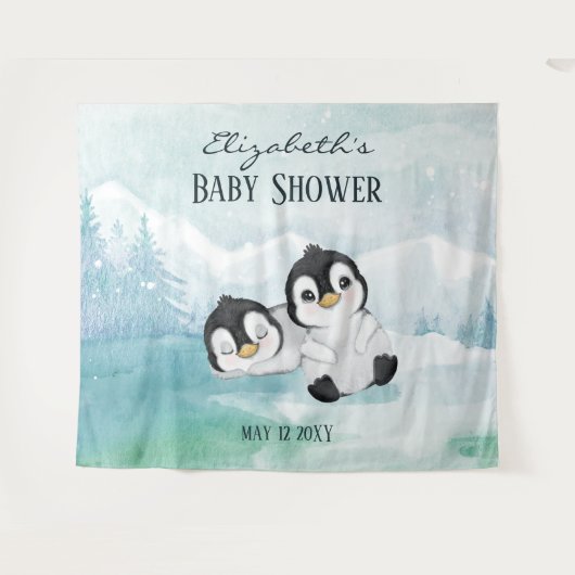 Two Liebenswürdiger Penguins Baby Shower Backdrop Wandteppich (Vorderseite (Horizontal))