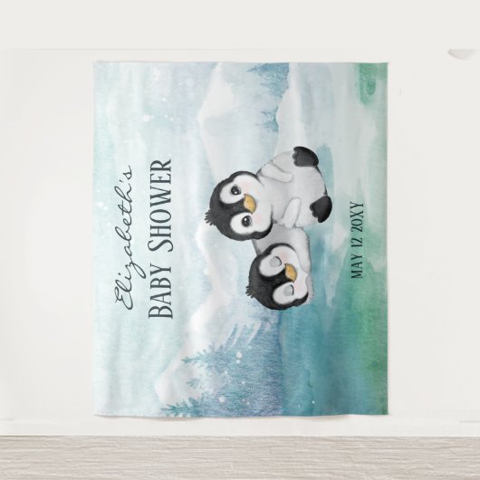 Two Liebenswürdiger Penguins Baby Shower Backdrop Wandteppich (Vorderseite)
