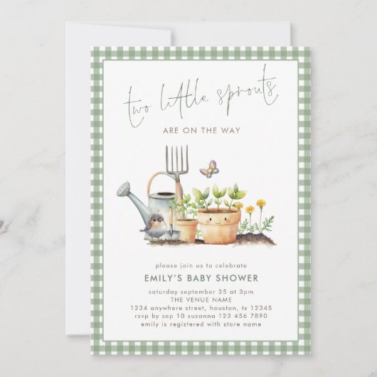 Two Little Sprouts Twins Sage Gingham Baby Shower Einladung (Vorderseite)