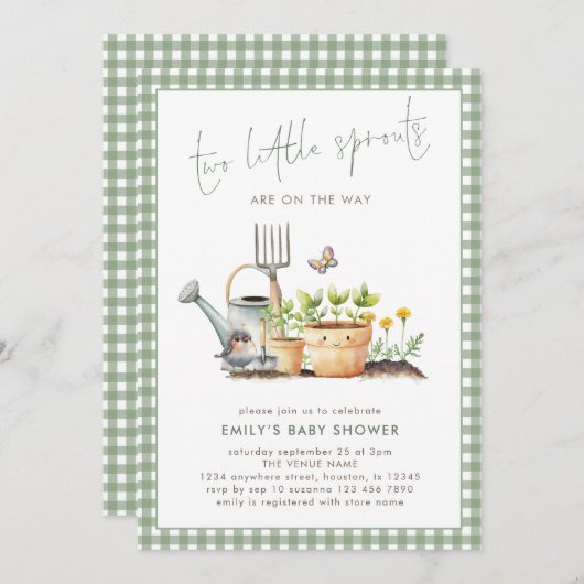 Two Little Sprouts Twins Sage Gingham Baby Shower Einladung (Vorne/Hinten)