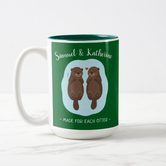 Two Lovely Cute Otters Custom Name Valentine's Day Zweifarbige Tasse (Links)