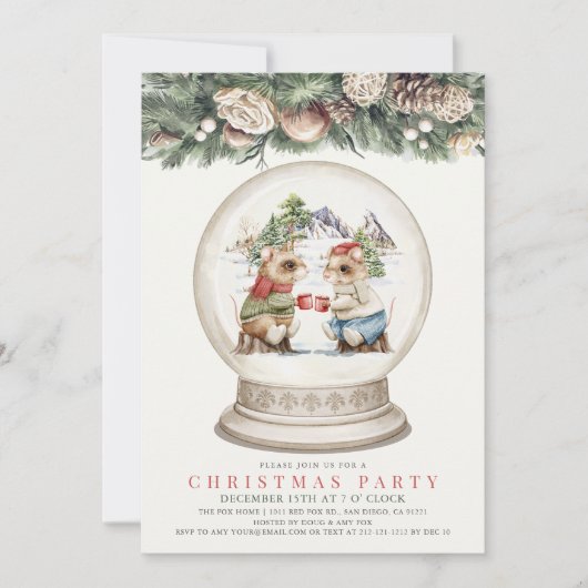 Two Mice Cheers Snow Globe Weihnachtsfeier Einladung (Vorderseite)