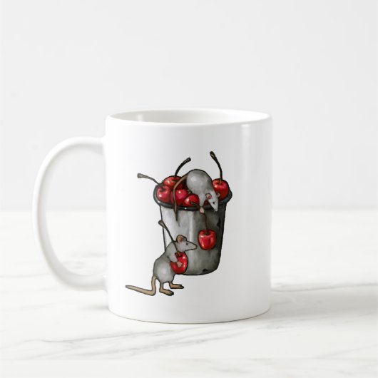 Two MICE Stealing Cherries, Bucket of Cherries Art Kaffeetasse (Links)