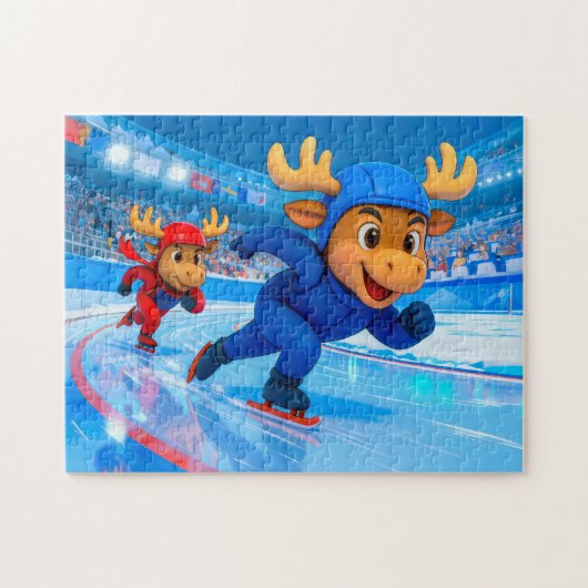 Two Moose Speed Skating on an Icy Track Puzzle (Horizontal)