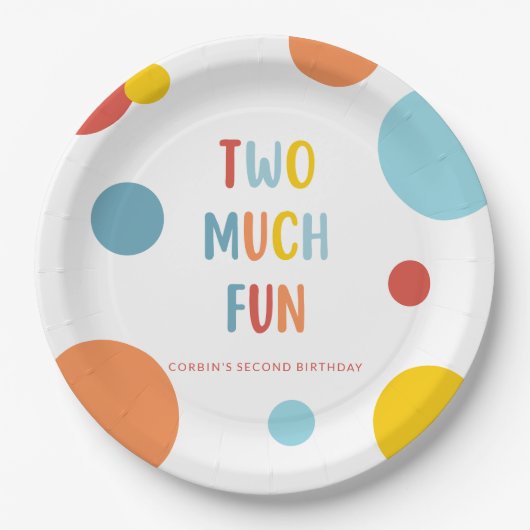 Two Much Fun Colorful 2nd Birthday Party Plates Pappteller (Vorderseite)