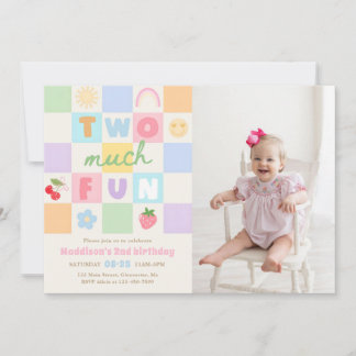 Two much Fun Colorful Gingham 2nd Birthday Photo Einladung