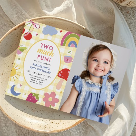 Two Much Fun Retro Hand Drawn 2nd Birthday Photo Einladung