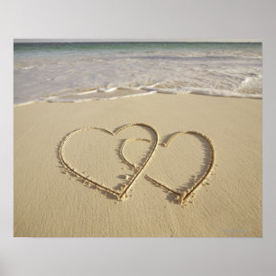 Two overlying hearts drawn on the beach poster