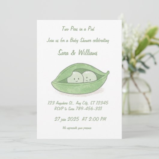 Two Peas In a Pod Twin Baby Shower Invitation Einladung (Stehend Vorderseite)