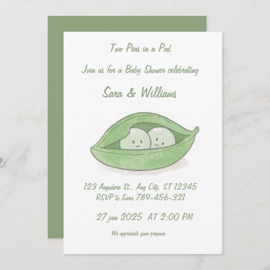 Two Peas In a Pod Twin Baby Shower Invitation Einladung (Vorne/Hinten)