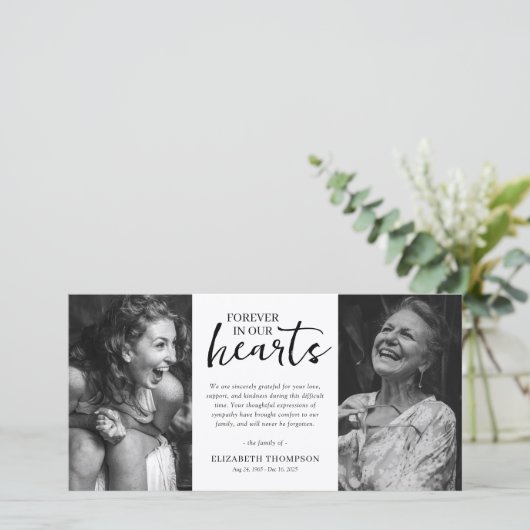 Two Photo Black & White Funeral Thank You Dankeskarte (Stehend Vorderseite)