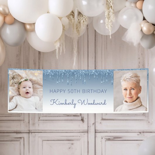 Two Photo Blue Dripping Glitter 50th Birthday Banner