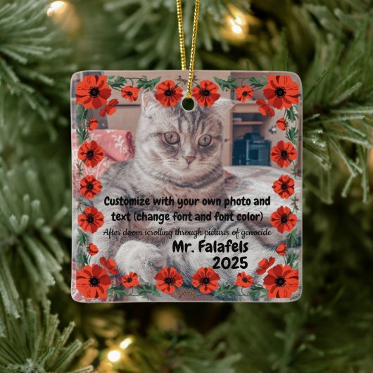 Two Photo Custom Text Red Poppies Free Palestine Keramikornament (Baum)