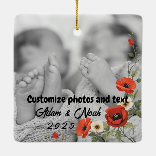 Two Photo Custom Text Red Poppies Free Palestine Keramikornament (Rückseite)
