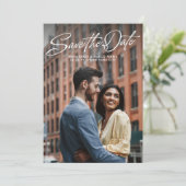 Two photo simple stylish script wedding save the date (Stehend Vorderseite)