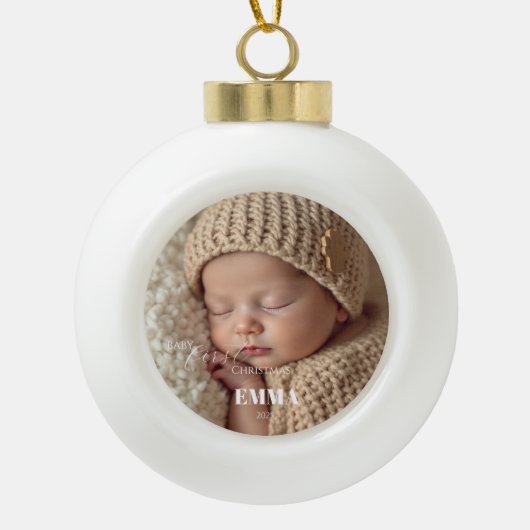 Two Photos Minimalist Baby First Christmas Keramik Kugel-Ornament (Vorderseite)