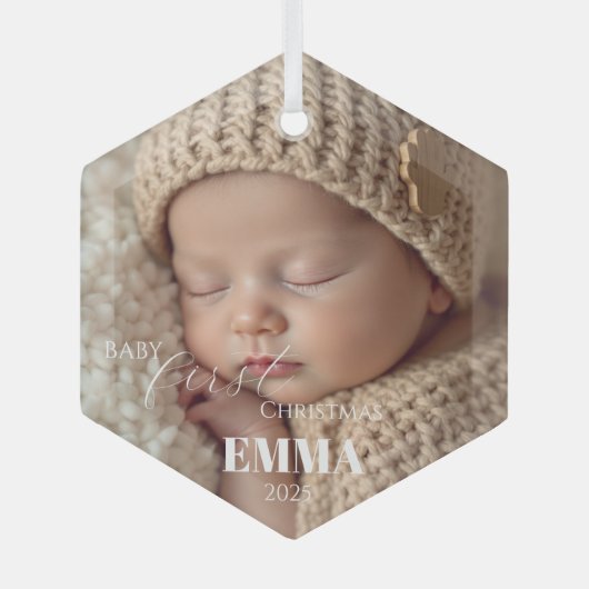 Two Photos Minimalist Baby First Christmas Ornament Aus Glas (Vorderseite)