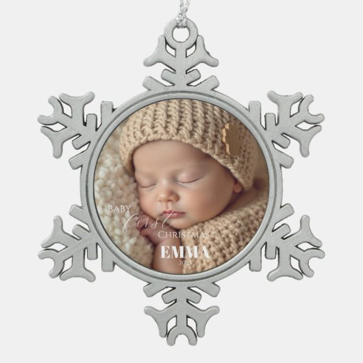 Two Photos Minimalist Baby First Christmas Schneeflocken Zinn-Ornament (Vorderseite)