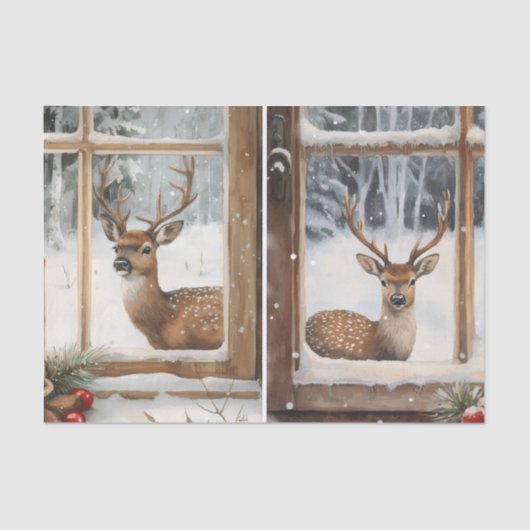 Two Pretty Winter Scenes of Deer in Window Panes Seidenpapier (Vorderseite)