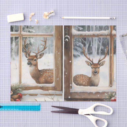 Two Pretty Winter Scenes of Deer in Window Panes Seidenpapier (Handwerk)