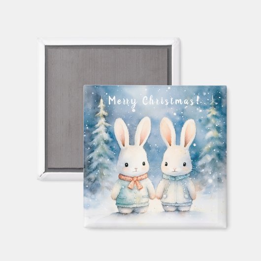 Two rabbits in the Christmas forest Magnet (Vorderseite/Rückseite)