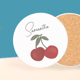 Two Red Cherries Illustration | Cute Fruit Art  Getränkeuntersetzer