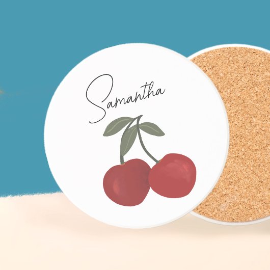 Two Red Cherries Illustration | Cute Fruit Art Getränkeuntersetzer