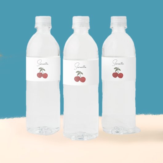 Two Red Cherries Illustration | Cute Fruit Art  Wasserflaschenetikett