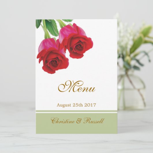 Two red roses Wedding Menu Invitation Menükarte (Stehend Vorderseite)