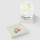 Two Red Strawberries Stripes & Flowers | Fruit Steinuntersetzer (Seitenansicht)