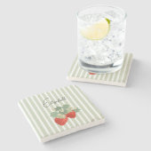 Two Red Strawberries Stripes & Flowers | Fruit Steinuntersetzer (Seitenansicht)