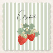 Two Red Strawberries Stripes & Flowers | Fruit Untersetzer (Vorderseite)