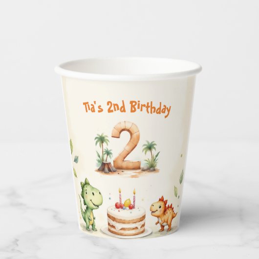 Two-Rex Dinosaur 2. Geburtstag Pappbecher (Vorderseite)