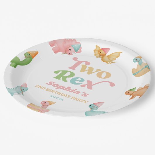 Two Rex Dinosaur 2nd Second Birthday Party Pappteller (Schrägansicht)
