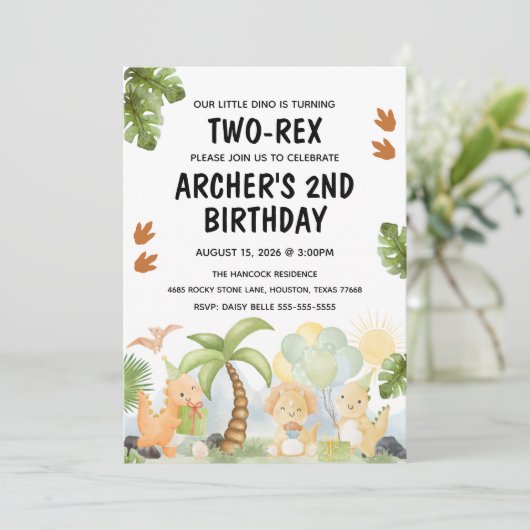 Two-Rex Dinosaur Geburtstag Einladung (Stehend Vorderseite)
