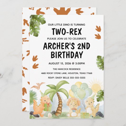 Two-Rex Dinosaur Geburtstag Einladung (Vorne/Hinten)