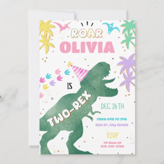 Two-Rex Pink Dinosaurier Girl 2. Geburtstag Einlad Einladung