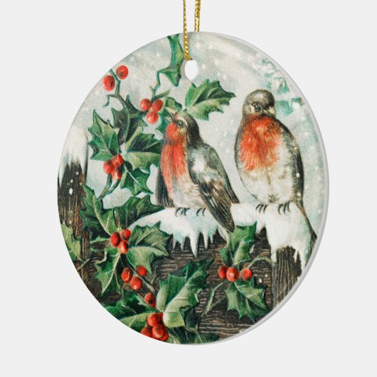 Two robins on a fence in the snow keramik ornament (Links)