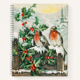 Two robins on a fence in the snow notizblock