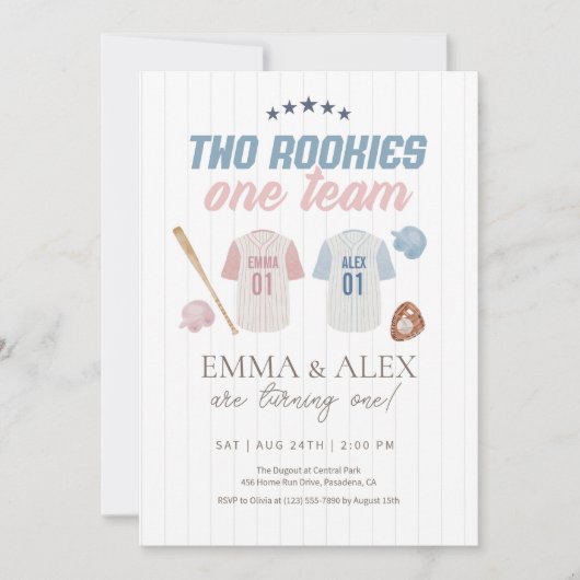 Two Rookies One Team Baseball Sibling Birthday Einladung (Vorderseite)