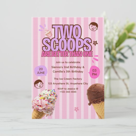 Two Scoops are Better Than One Ice Cream Birthday  Einladung (Stehend Vorderseite)