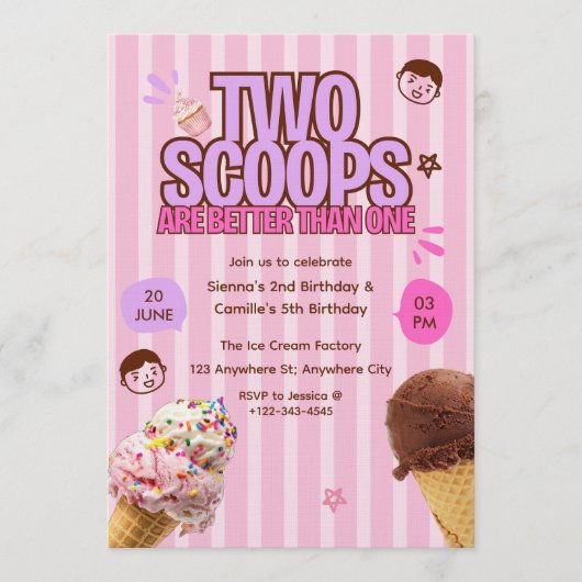 Two Scoops are Better Than One Ice Cream Birthday Einladung (Vorderseite)