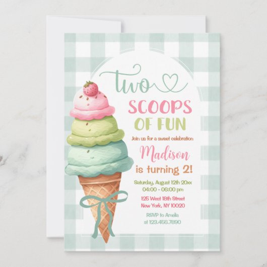 Two Scoops Of Fun Ice Cream Bow 2nd Birthday Einladung (Vorderseite)