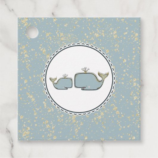 Two Sea Whales Blue & Gold Boutique Baby Dusche Geschenkanhänger (Vorderseite)
