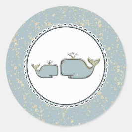 Two Sea Whales Blue & Gold Boutique Baby Dusche Runder Aufkleber