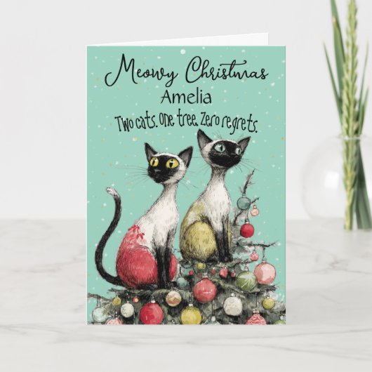 Two Siamese Cats on Christmas Tree Christmas Card Karte (Vorderseite)